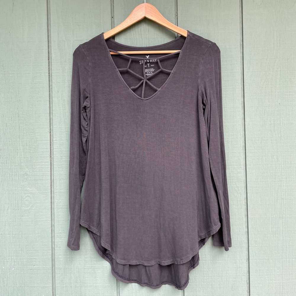 American Eagle Soft & Sexy Long Sleeve with Criss Cross Neck Dark Grey - Size M